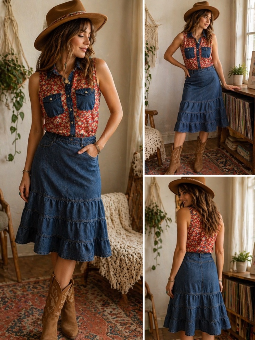 Nollie Floral Sleeveless Button Down Top Red Denim Contrast Small Boho Western